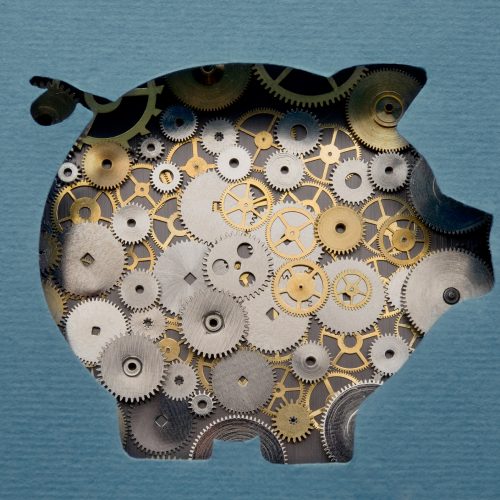 Financial savings mechanism. Piggy bank formed by gears and cogs